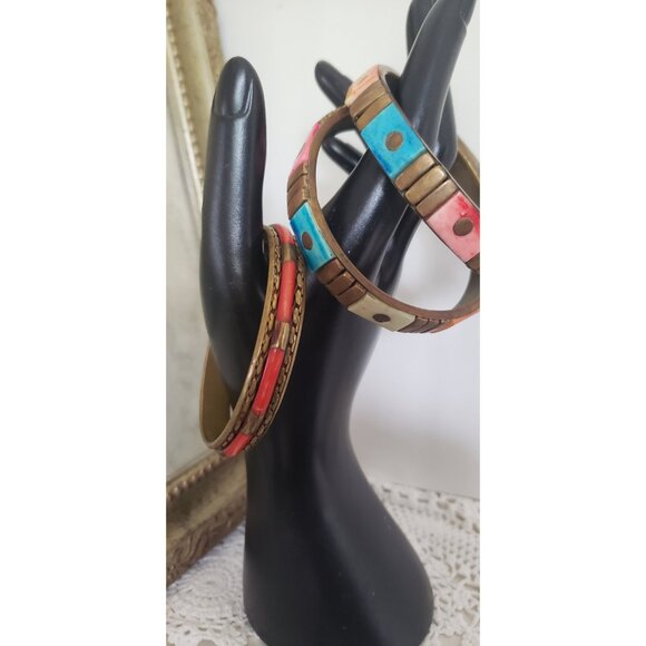 Three Colourful Resin Brass Bangles Vintage Jewelry Accents Colourful - Picture 10 of 10